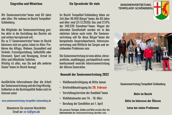 Flyer Seniorenvertretung Tempelhof Schöneberg Aktiv im Alter Mobilität Gesundheit Behinderung Gutes Leben im Alter