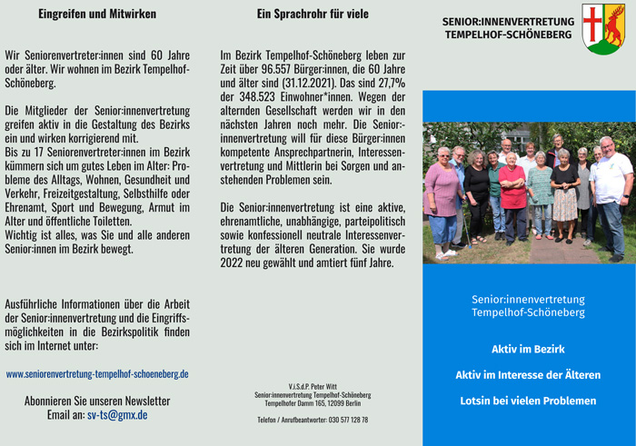 Flyer Seniorenvertretung Tempelhof Schöneberg Aktiv im Alter Mobilität Gesundheit Behinderung Gutes Leben im Alter