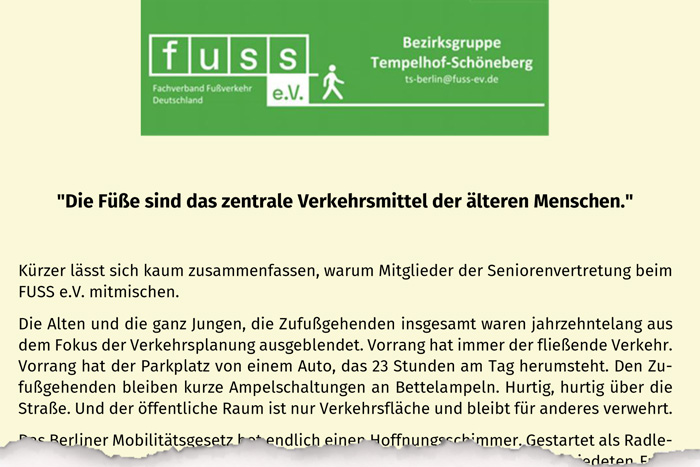 Die Füße sind das zentrale Verkehrsmittel der älteren Menschen Seniorenvertretung Tempelhof-Schöneberg