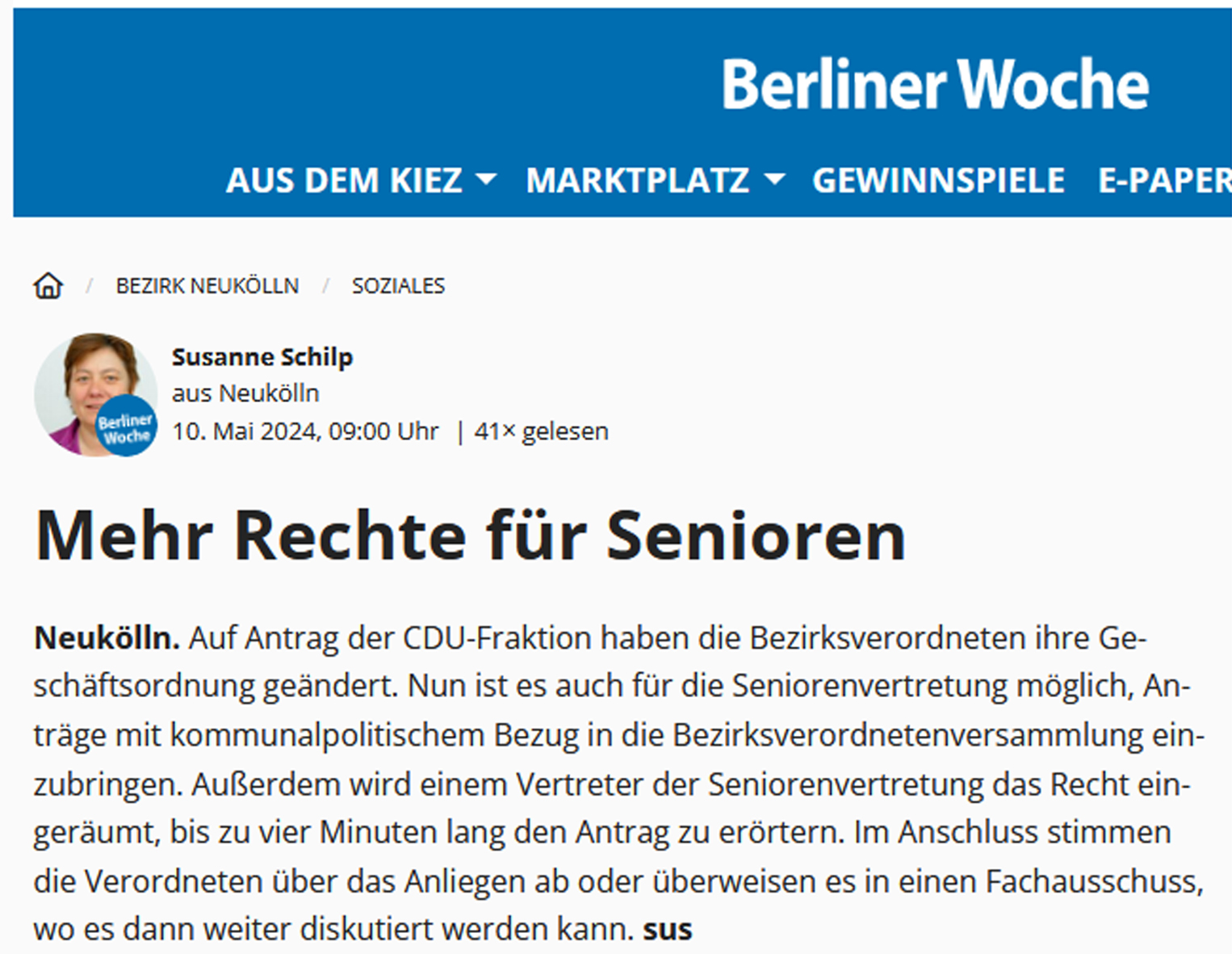 Seniorenvertretung Tempelhof-Schöneberg Neukölln BVV Bezirksverordnetenversammlung Rederecht